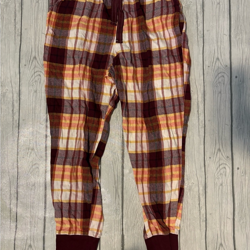 Old Navy Plaid pajama Joggers in burgundy and Yellow and brown